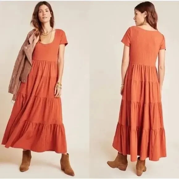 Anthropologie Maeve Gillian Tiered Maxi Dress Rust Orange Boho size 12 prairie - Picture 8 of 8